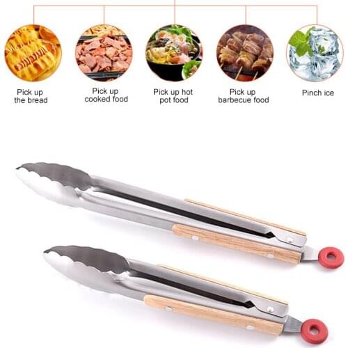 Wooden Handle Stainless Steel BBQ Grilling Tong Salad Bread Serving Tong Non-Stick Kitchen Cooking Tong Household Tools