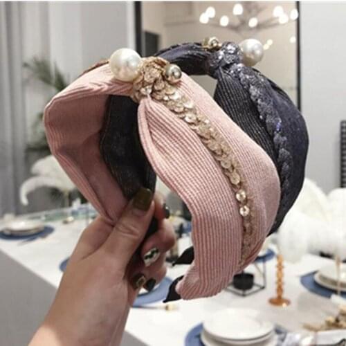 Wide Hairband Knot for Women Hair Accessories Pearls Headband Sequin Trim Decorated Adults Hair Ornament Top Bow Knotted Turban