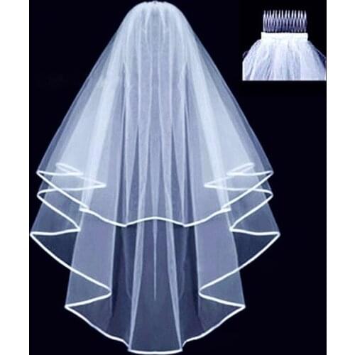 Tulle Wedding Accessories White Ivory Beige Two Layers bride Veils Comb Ribbon Cheap Bridal Veil