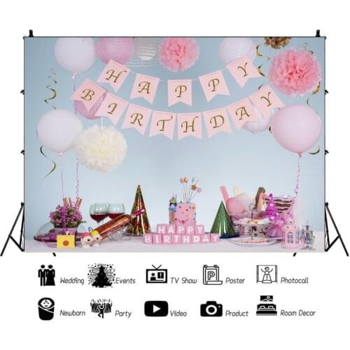 Hanging Ball Banner Celebration Hat Portrait Photography Backdrop Happy Birthday Photo Background Vinyl Photocall Booth Props