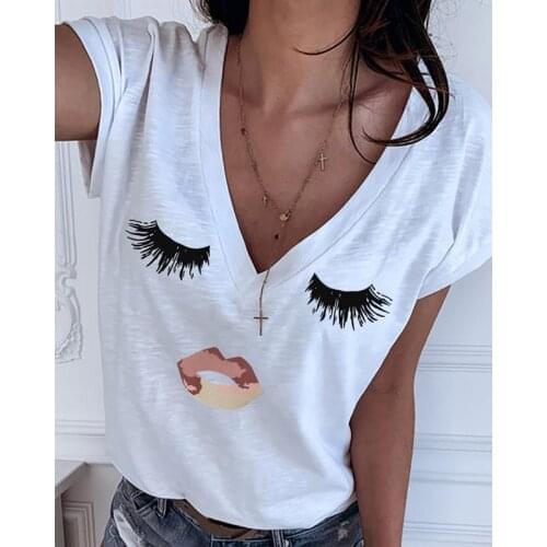 White Plus Size Tshirt for women 2020 Eyes Lips Print Tees Shirts Ladies Fashion Sexy Summer Short Sleeve V-neck Tops T-shirt