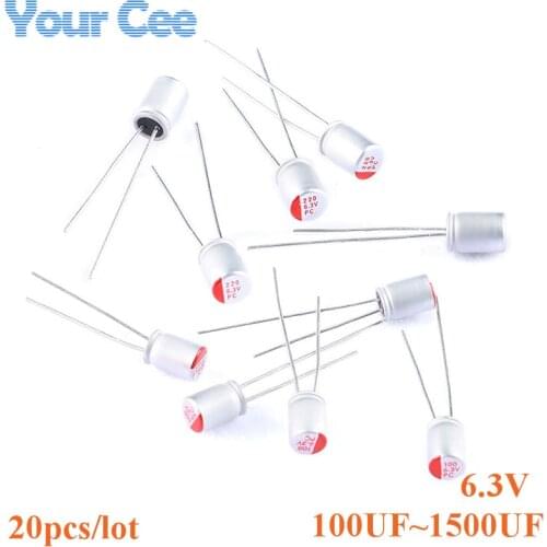 20pcs Solid Aluminum Electrolytic Capacitor DIP 6.3V 1500uF 1200uF 1000uF 820uF 560uF 470uF 330uF 220uF 100uF Solid Capacitors