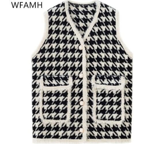 2021 spring new fashion small fragrance houndstooth vest jacket female early spring loose thick waterproof mink knit vest Tassel