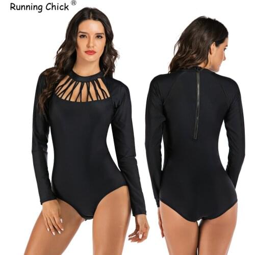 Black hollow surf suit, one-piece long-sleeved womens swimsuit, hot spring swimsuit and diving suit