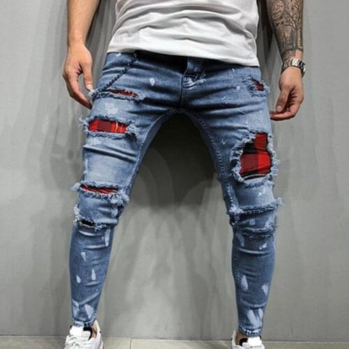 Men Jeans Fashion Multi Pockets Men Jeans Ripped Holes Denim Mid Waist Stretchy Tassel Skinny Jeans Men Denim Pants Streetwear