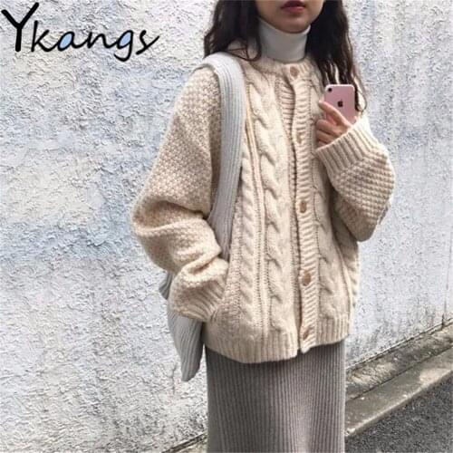 Elegant All-Match Loose Women Cardigan Korean Style Sweet Vintage Long Sleeve Knitting Sweater Harajuku Plus Size Student Coat