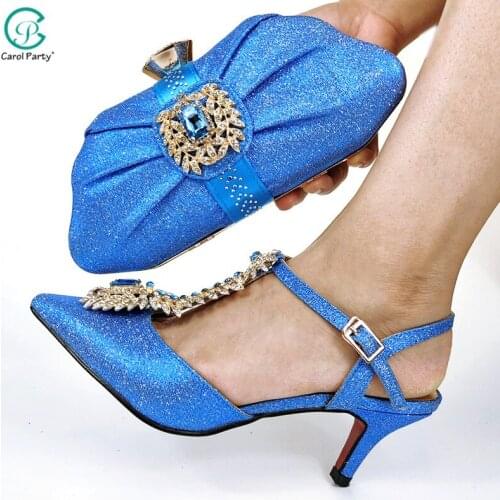 2021 Italian Design Hot Selling and Lastest Luxury Crystal Style Elegant Ladies Shoes and Bag Set in Sky Blue Color for Party