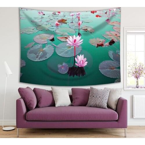 Tapestry Beautiful Lotus Flower in A Lake in Waterlilies Oriental Garden Nature Waterscape Photo Green Pink