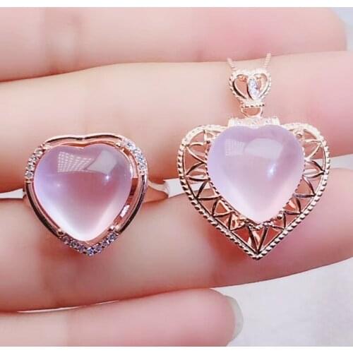 Per jewelry Natural rose quartz love heart style jewelry set 1pc ring 1pc pendant 12ct*2pcs gemstone 925 sterling silver J204911