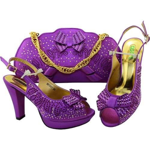 Fashion Shoes and Bag Set African Mature and noble purple Color Italian Shoe And Bag Set Decorated with Rhinestone High Quality