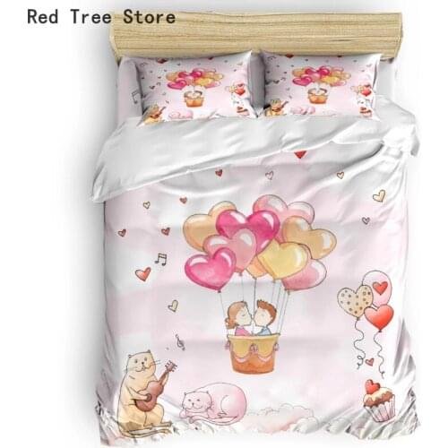 Lovely Pink Print Bedding Set Heart Balloon Cat Customized Kids Girl Duvet Cover Pillowcase 2/3pcs Bedclothes Twin Single Queen