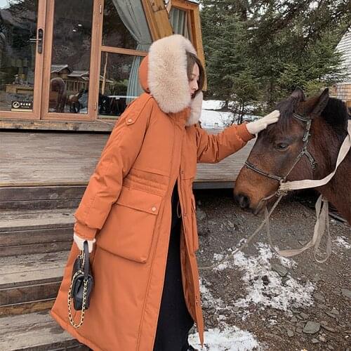 Womens Winter Long Fox Fur Hooded Duck Down Jacket Ladies Caramel Parkas Windproof Loose Outerwear Thick Warm Trench Clothes