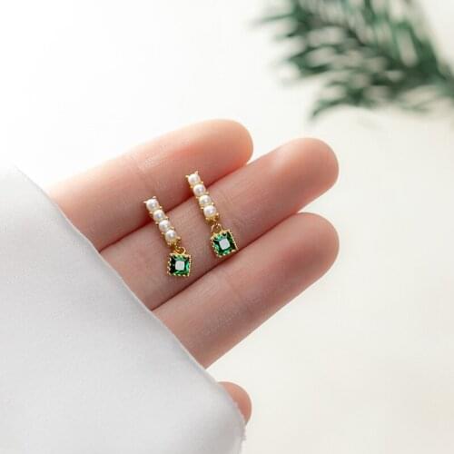 Cute Small Authentic Real 100% 925 Sterling Silver fine Jewelry Green emerald Square &Shell Pearl dangle Earrings hook C-G9402