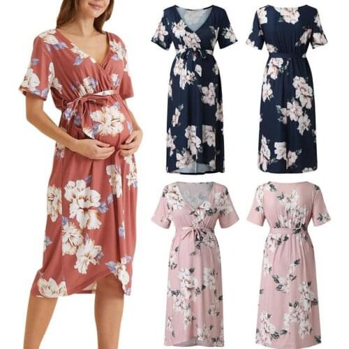 Fashionable Sassy Floral Print Short-Sleeve Maternity Dress V-Neck Feeding Convenient Womens Clothing Pregnant Women 2021 New