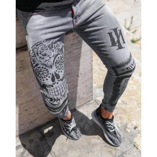 Men sexy Skinny Stretch Jeans High Quality Street Fashion Printing Wash Gray Denim pencil pants Causal Jogging Mens Trousers