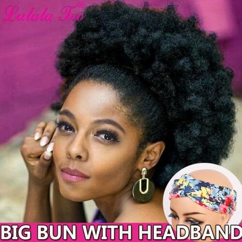 10 inch Big Afro Puff Hair Bun With Headband Drawstring Ponytail Extension Synthetic Chignon Hairpiece For Black Women Updo