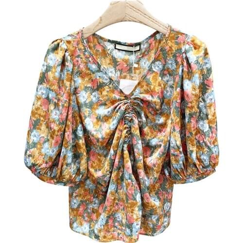 VSUE Women Shirt Fuchsia Yellow Blue Short Sleeve Puff Sleeve Summer V Neck Kawaii B0594