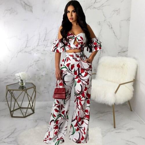 Floral Print Womens Tracksuit Off The Shoulder Ruffles Sleeve Crop Top and Side Pockets Wide Leg Trouser Summer 2 Piece Outfit