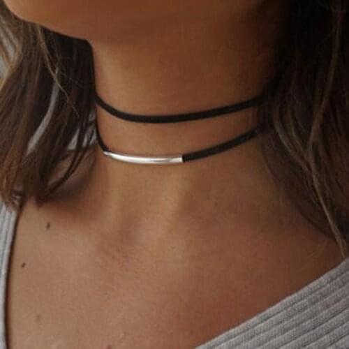 New fashion Bending tube Velvet Choker Necklace Double layer Style Torque Black Short Leather Necklace Charm Collier Femme