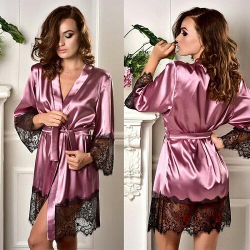 Women Sexy Lingerie Solid Color Satin Robe Fashion Nightwear Underwear Pyjamas Set Dress Kimono Bathrobe