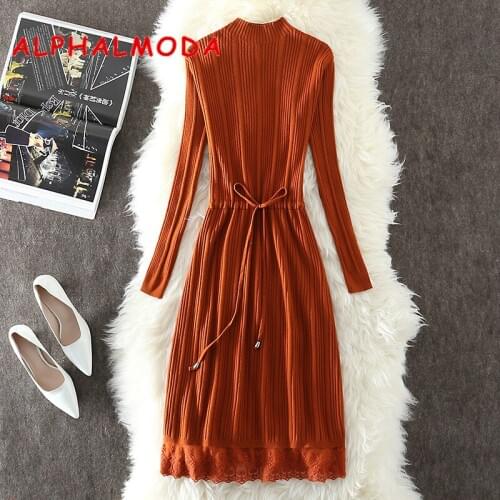 ALPHALMODA High Quality Autumn and Winter Womens Knit Dress Lace Hem Sashes High Waist Graceful OL Knit Vestidos Rib Dress