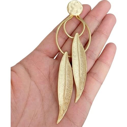 2 x Large Boho Feather Leaf Matt Gold Charms Pendants for DIY Necklace Earring Jewelry Making Accessories 114x33mm