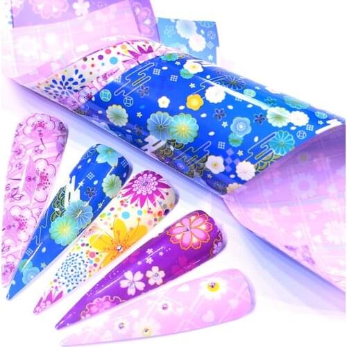 LCJ 5PCS Holographic Nail Foils Rose Decals Wraps for Nail Art Flower Transfer Sticker Slider Japanese DIY Charms Decor Set