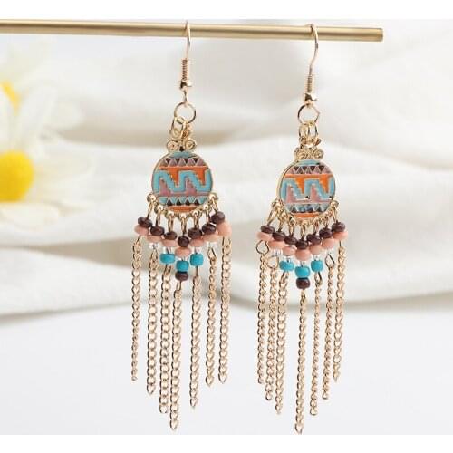 AE-CANFLY Retro Bohemian Ethnic Style Long Rice Beads Tassel Earrings for Women Fashion Summer Ladies Banquet Jewelry Gifts 2021