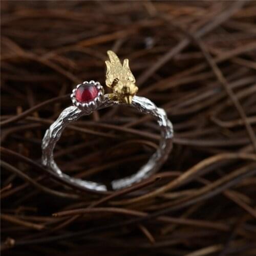 BESTLYBUY Real 925 Sterling Silver Ring handmade Bird Red Stone S925 Thai Silver Rings For women girl Jewelry Gift