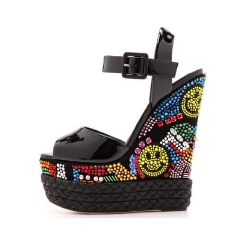 Brand Black Patent Leather Wedge Sandals Multi-color Crystal Embellished Wedge Sandals Ultra Weave Braid Heel Shoes