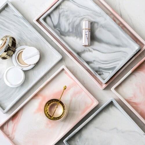 Marble Texture Ceramic Plates Golden Stroke Porcelain Cosmetic Jewelry Storage Tray Home Dressing Table Desktop Decoration Trays