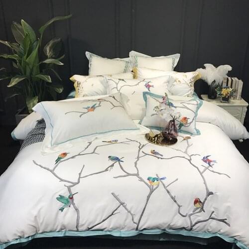 Chinese Style 100% Cotton Sanding Printed Flower Bedding Set Embroidered Bed Sheet Duvet Cover Pillowcase Queen King 4pcs White