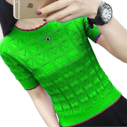 Adies Summer Hollow Knit Sweater Women Thin Round Neck Short Sleeves Pullover Lady All-match Slim Fashion Bottoming Shirt D1066