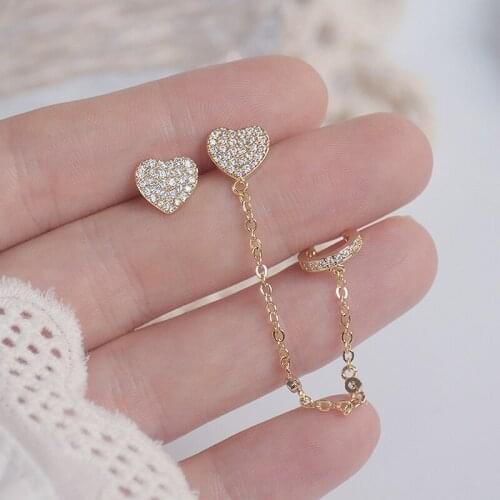 Korean hot fashion jewelry exquisite 14K real gold zircon earrings sweet love asymmetric chain ear bone clip women earrings