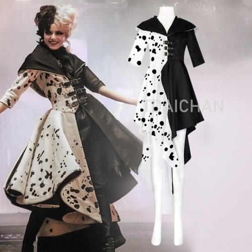 Movie Evil Madame Cruella De Vil Cosplay Costume Adult Women Gown Black White Maid Dress Gloves Hoodie Skirt Halloween Party WIG