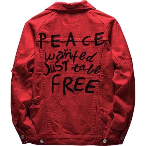 Sokotoo Mens letters embroidered red jean jacket Holes ripped denim coat Outerwear