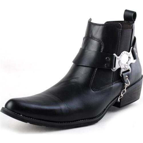 Mens Leather Chelsea Pointed Toe Ankle Riding Boots Chelsea Metal Chain Shoes Chunky Heel Punk Western Motorcycle Black New
