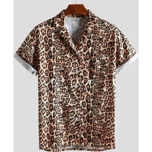 Mens Leopard Printed Shirts Summer Hawaiian Blouses Beach Casual Turn-down Collar Cardigan Korean daily Short Sleeve Streetwear