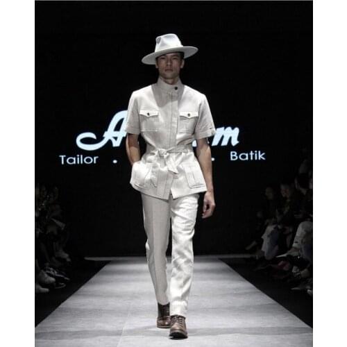 Summer Men Tuxedos Jacket Short Sleeves Stand Collar Fashion Linen Blazer 2 Pieces (Jacket+Pant) Groom Dress Prom Party Suits