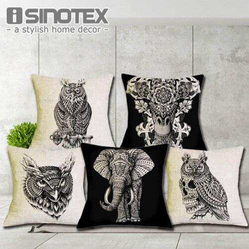 Cushion Cover Ornate Animals Printed 43x43cm/17x17'' Linen&Polyester Owl Elephant Decorative Pillow Cases Home Sofa Pillowcase