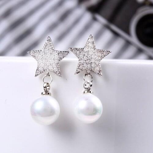 Europe and America Style Popular Cubic Zircon Five Pointed Star Stud Earring Pearl Eardrop for Women Minimalist Jewelry