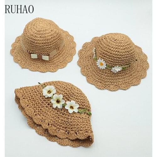 RUHAO Summer Hats For Girls Gift Raffia Handmade Crochet Soft Fold Straw visors hat Kids Chapeau Femme Beach Hat