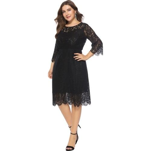 Evening Dresses Three-Quarter Sleeves Lace Knee-Length Solid Color A-Line Slim Plus Size Elegant And Dignified Large Dress