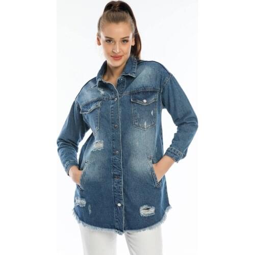 Women Summer Autumn Fashion Long Sleeve Ripped and Pocket Detailed Denim Jeans Jacket Turkish Quality