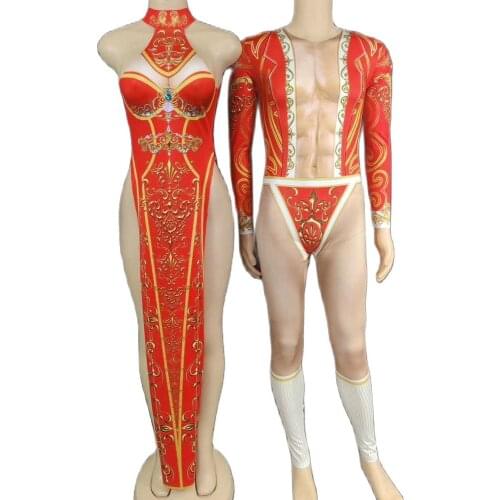 Women Sleeveless High Split Fork Dress Men Long Sleeve Tights Jumpsuit Club Stage Clothing Dance Wear Uniform Costumes