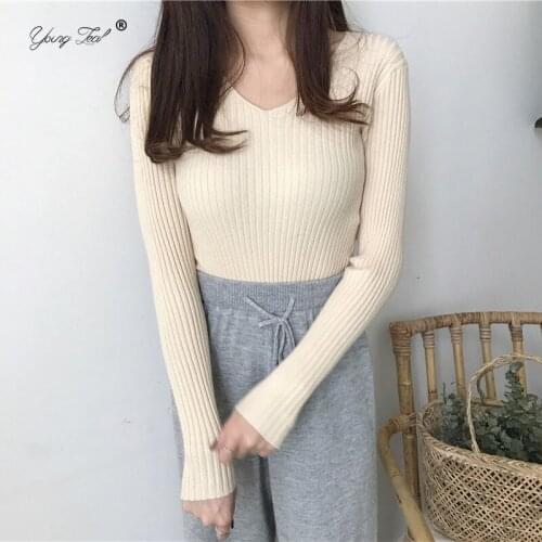 Winter Solid Stripe Warm Sweater Women Fall Slim Long Sleeve V Neck Pullover 2021 Korean Lady Elegant Knitted Bodycon Base Tops