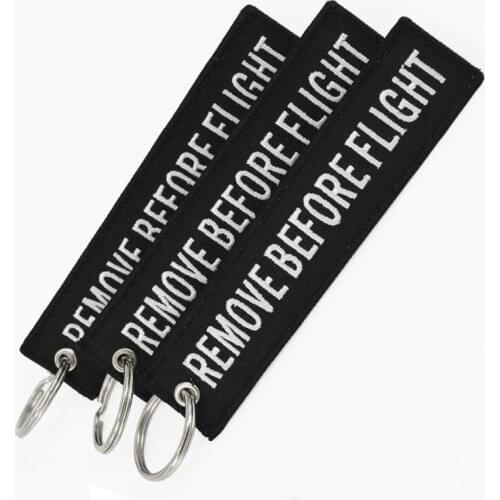 3 PCS/LOT REMOVE BEFORE FLIGHT Key Holder Special Luggage Tag Label Black Embroidery Key Ring Chain OEM Keychain Fob Safety Tag