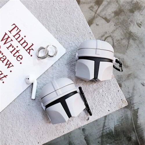 3D Cute Mandalorian Helmet Design Earphone Case with Keychain for Airpods 1/2/pro Cool Cartoon Style Protective Cover for Airpod