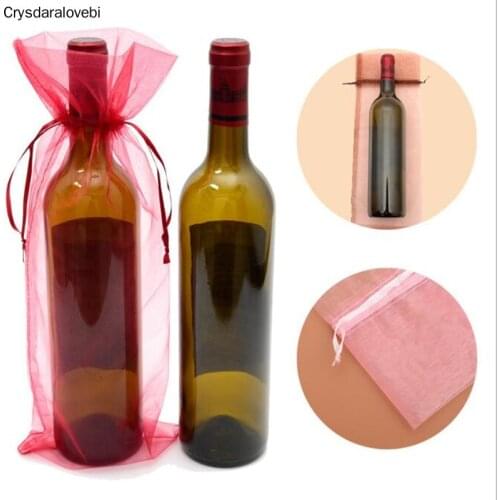 50pcs 15x38cm Gold Drawstring Organza Wine Bags For Wedding Party Gift Champagne Bottle Holder Pouches free shipping