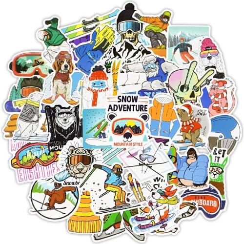 50 PCS Cartoon Skiing Wall Stickers Pack Winter Sport Sticker Waterproof On Snowboard Ski Equipment Room Home Decor Vinyl Decals